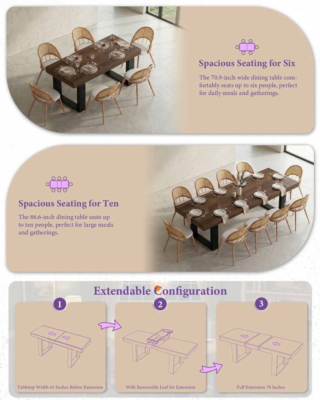 TYBOATLE 71''-87'' Extendable Dining Table Set for 6, Farmhouse Wooden Dining Room Table Set, 7 Piece Dinner Table Set with Upholstered Rattan Dining Chairs (Brown & White, 71''-87''- 6 Chairs)