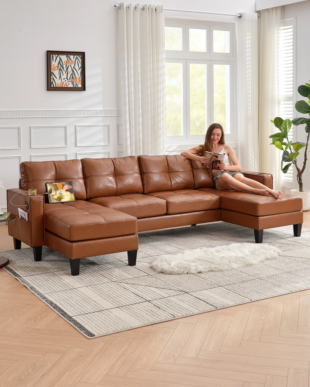 TYBOATLE 116’’ W Brown Faux Leather Sectional Couch w/USB and Cup Holders for Living Room, Comfy Tufted U Shaped Modular Convertible Sofa w/Chaise Lounge, Office Leather Sofa for Bedroom