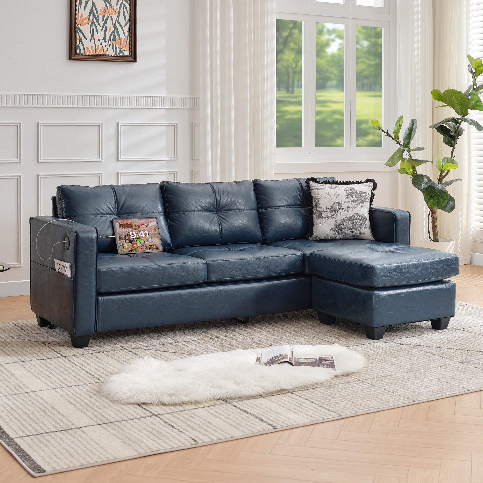 TYBOATLE 88" W Blue Faux Leather L Shaped Sectional Couches w/Side Pockets, Comfy Modular Convertible Sofas w/USB, Office Sofa Set with Chaise for Living Room, Bedroom (Blue, 3L)