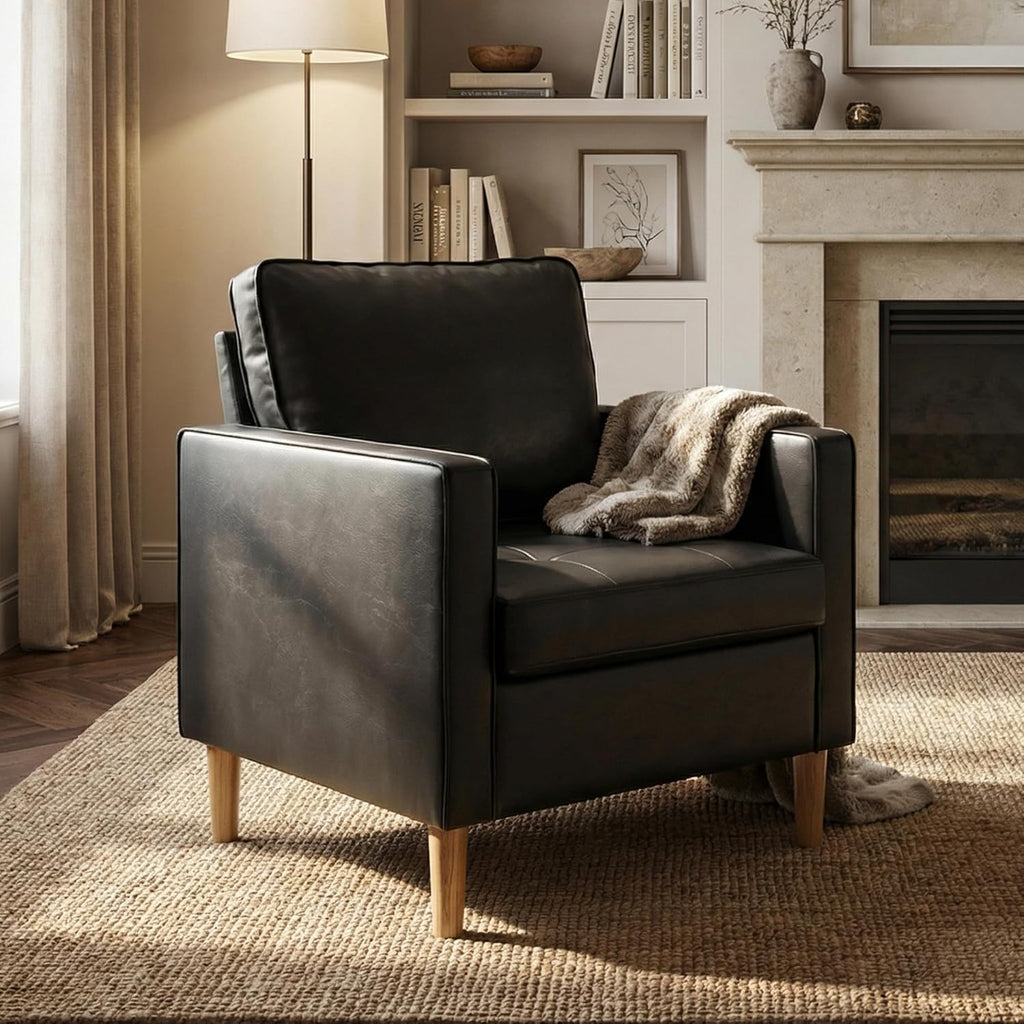 TYBOATLE Accent Chair, Black Faux Leather Chair with Tufted Seat & Wood Legs, Mid-Century Modern Living Room Chair, Upholstered Comfy Reading Chair, Armchair for Bedroom, Waiting Room, Office (1)