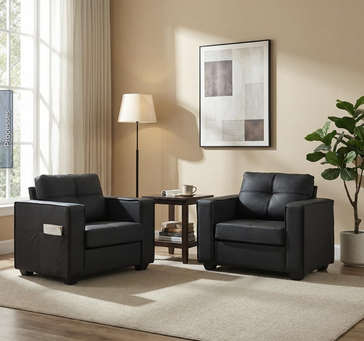 TYBOATLE Accent Chairs Set of 2, Comfy Black Faux Leather Living Room Chair Reading Oversized Accent Chairs Tufted Mid Century Modern Arm Chair, 38.58" Wide Armchair for Office Bedroom Lobby