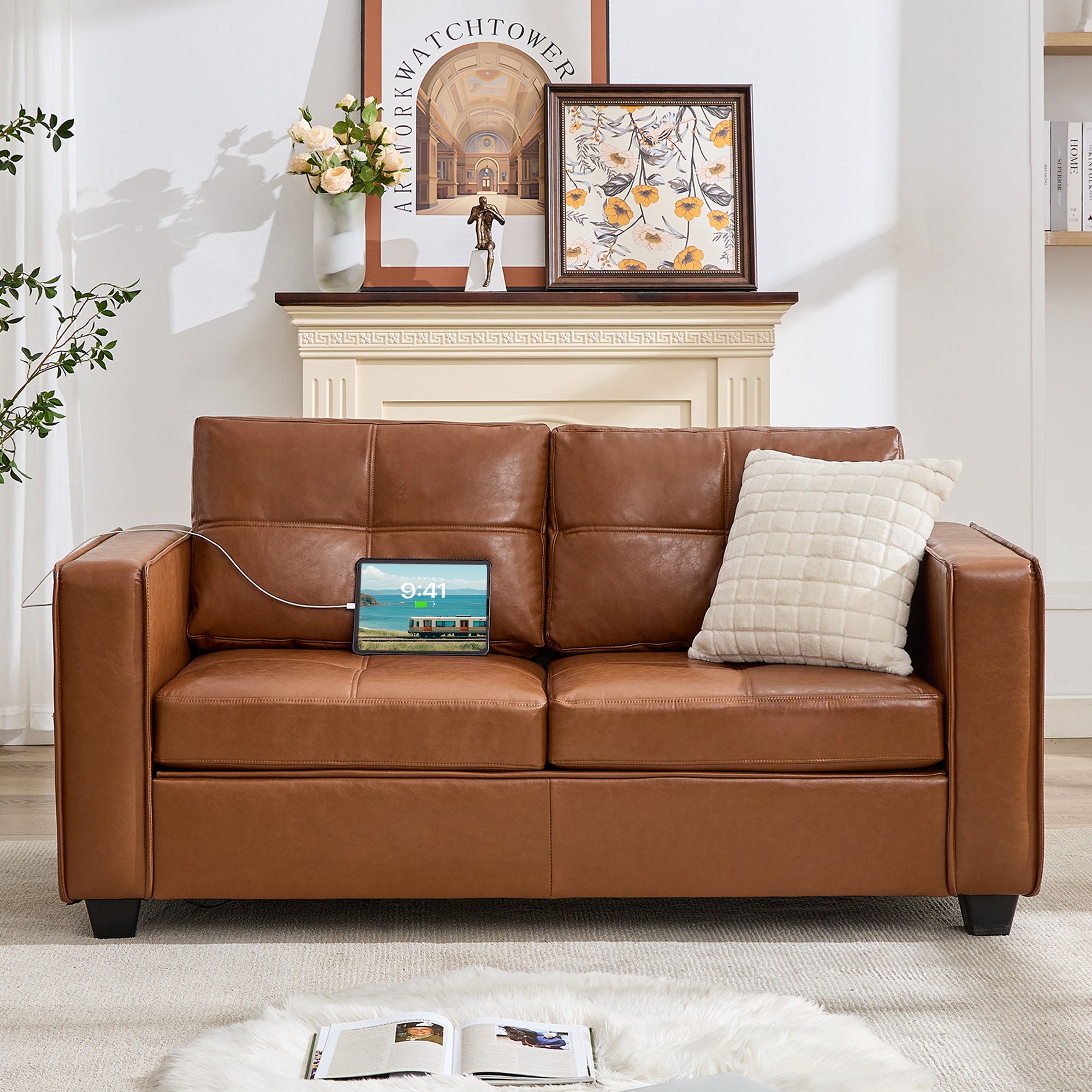 TYBOATLE 65" Faux Leather Sofa Couches for Living Room, Mid-Century Modern Tufted Comfy Loveseat w/USB Charging Ports and Wide Arms, 2 Seater Office Small Couch for Small Space Bedroom, Brown 2 Seater