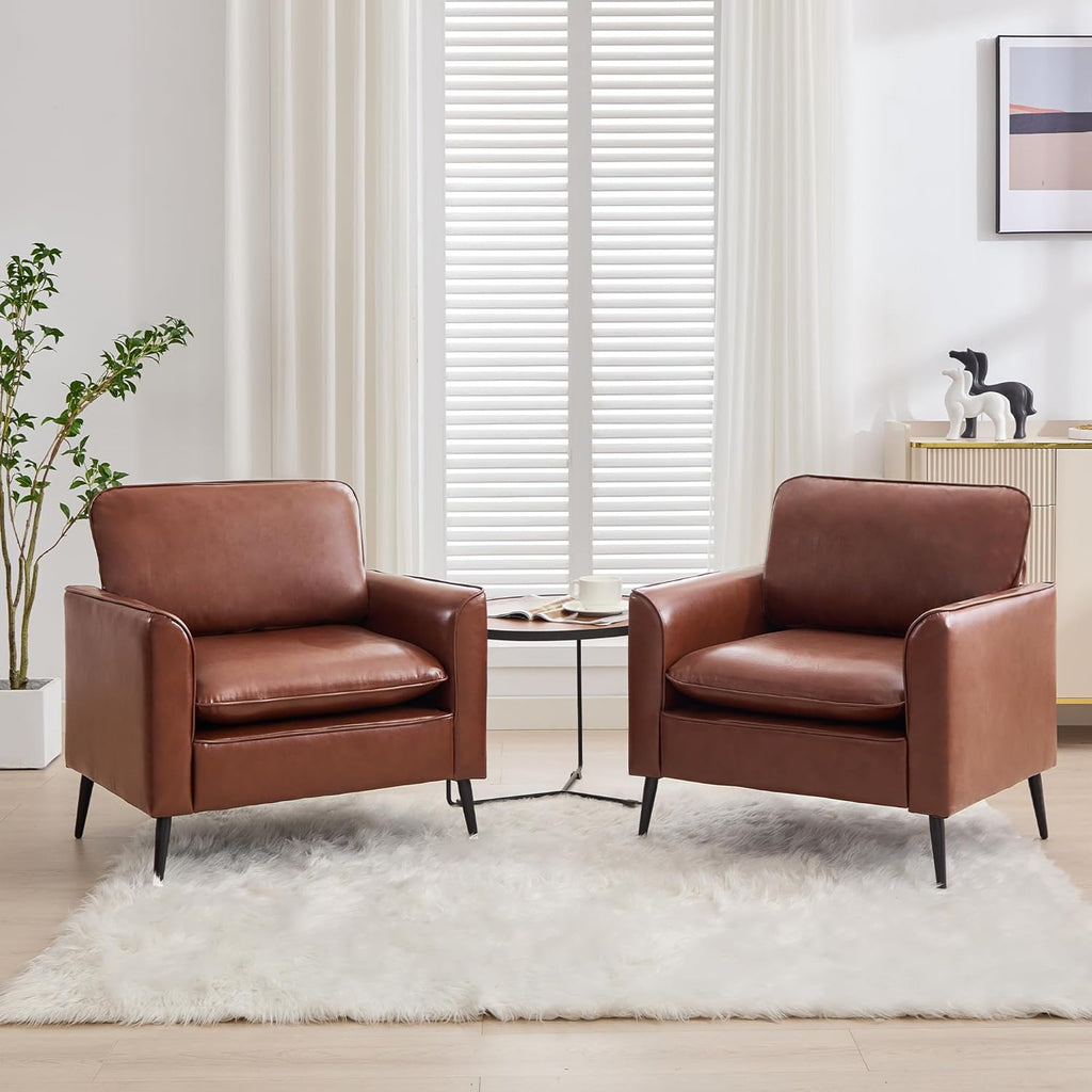 TYBOATLE Accent Chairs Set of 2, Comfy Faux Leather Living Room Chairs, Mid Century Modern Sofa Chairs, Cozy Office Reading Chair, Armchairs for Bedroom, Office, Living Room (Brown)