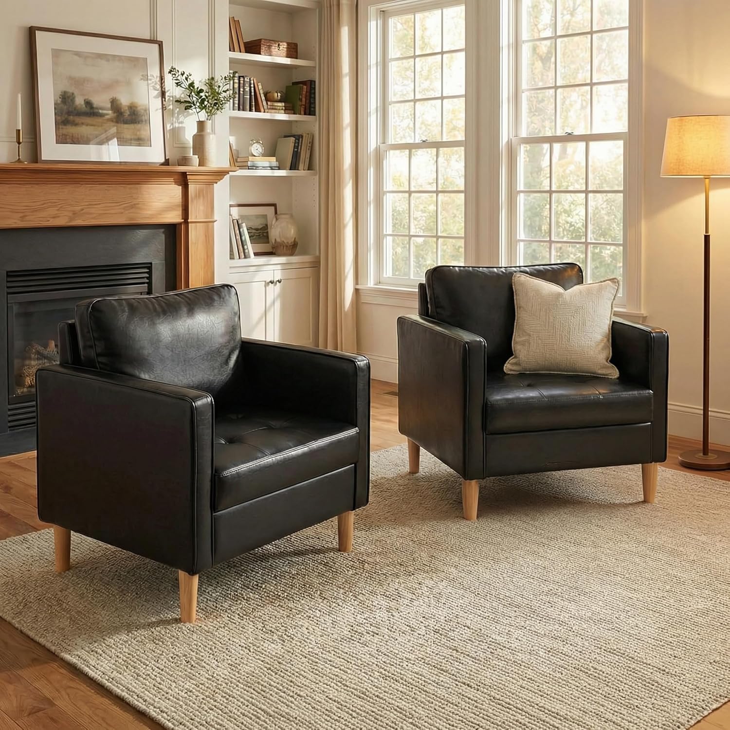 TYBOATLE Accent Chairs Set of 2, Black Leather Chair with Tufted Seat & Wood Legs, Mid-Century Modern Living Room Chair, Upholstered Comfy Reading Chair, Armchair for Bedroom, Waiting Room, Office (2)