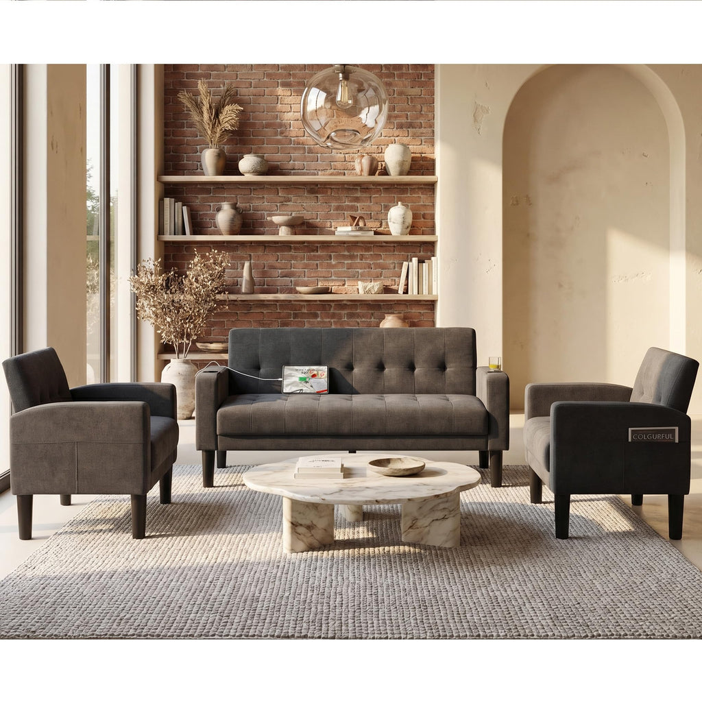 TYBOATLE Grey Couch and Chairs, 3 Piece Living Room Furniture Set with USB & Type-C