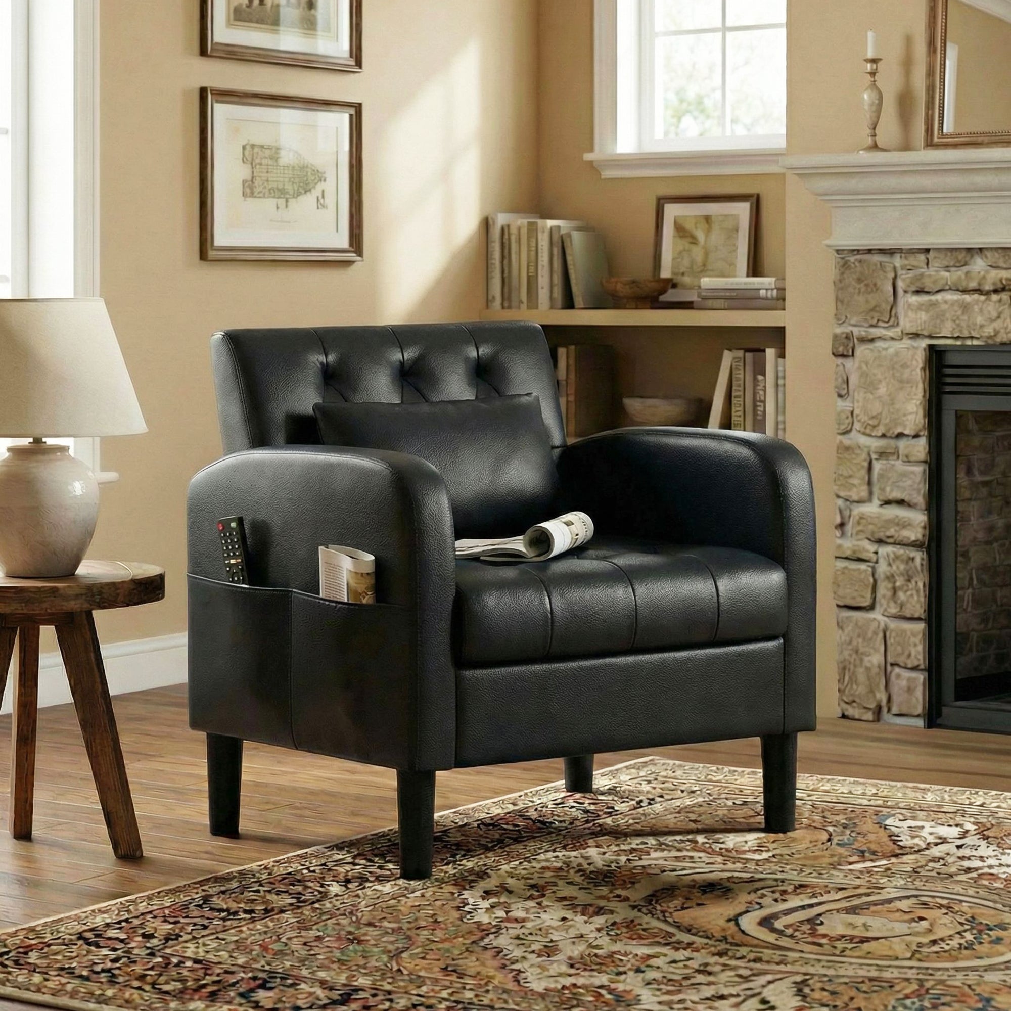 TYBOATLE Leather Chairs w/Storage, Comfy Modern Living Room Chairs, Accent Chair for Reading, Armchair for Bedroom, Waiting Room, Office (1, Black)