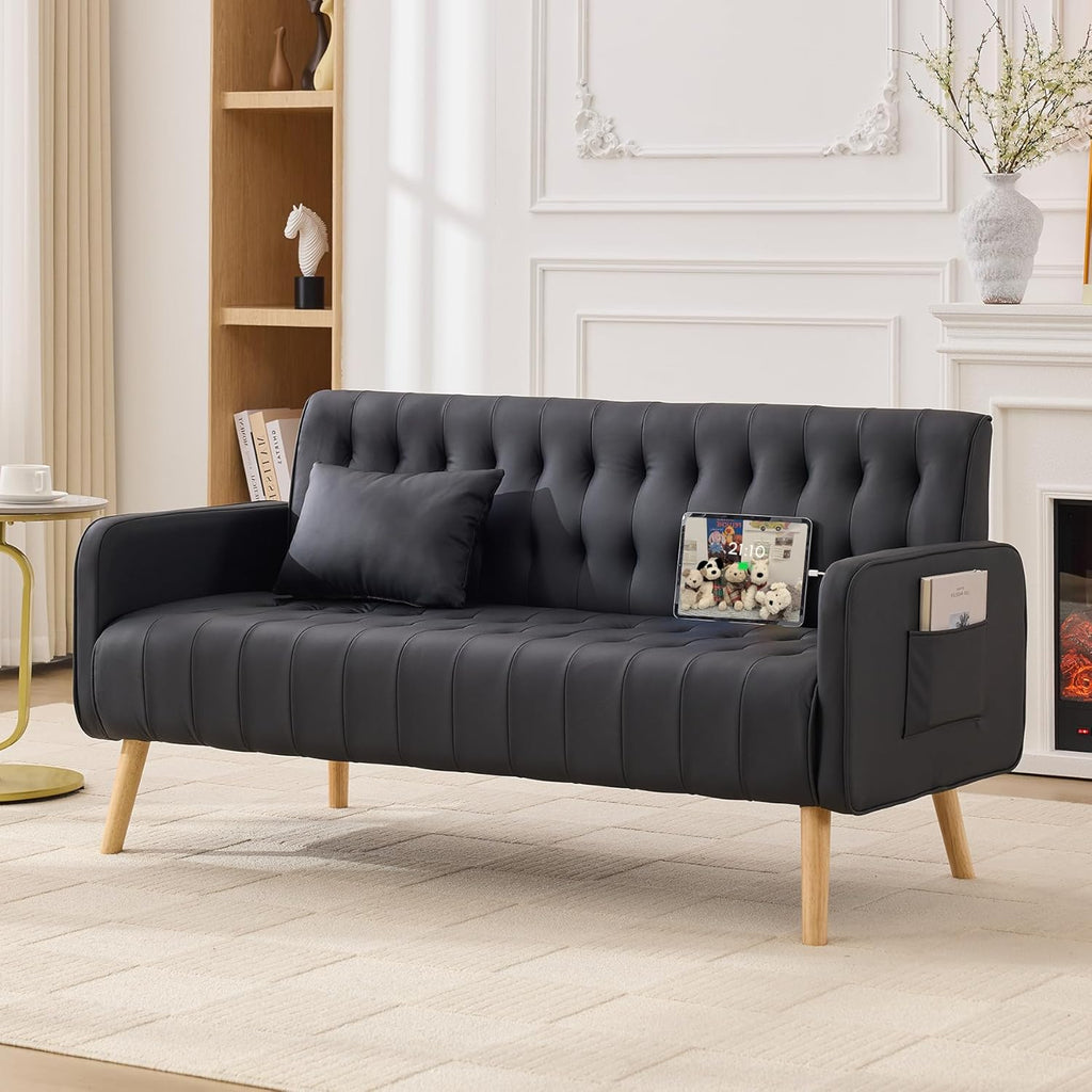 TYBOATLE 57" Faux Leather Loveseat Couch, Mid-Century Modern Comfy Office 2 Seater Sofa Couch with USB & Pockets, Small Love Seat Mini Couches for Living Room, Apartment, Bedroom (Black, 1)