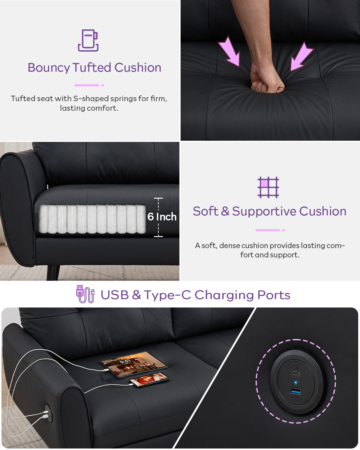 TYBOATLE 3 Seat L Shaped Leather Sectional Couches for Living Room, Faux Leather Couch w/USB & Type-C Charging Port, Small Sectional Sofa w/Deep-Seat Chaise (Black)