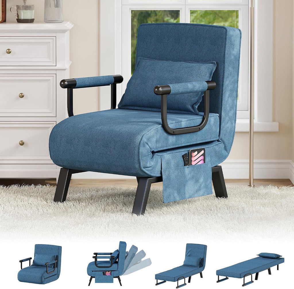 TYBOATLE Sleep Chair Bed, Folding Sleeper Chairs for Adults (Azure Blue) Comfy, Cozy, Convertible, 5 in 1, Adjustable Backrest, Side Pockets, Pillow, Small Spaces, Office, Dorm