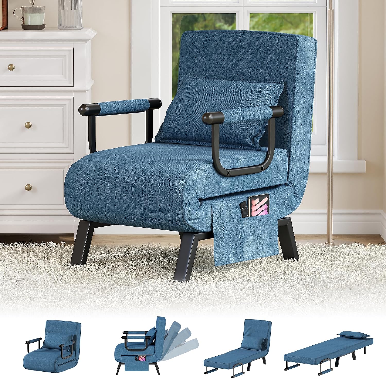 TYBOATLE Sleep Chair Bed, Folding Sleeper Chairs for Adults (Azure Blue) Comfy, Cozy, Convertible, 5 in 1, Adjustable Backrest, Side Pockets, Pillow, Small Spaces, Office, Dorm