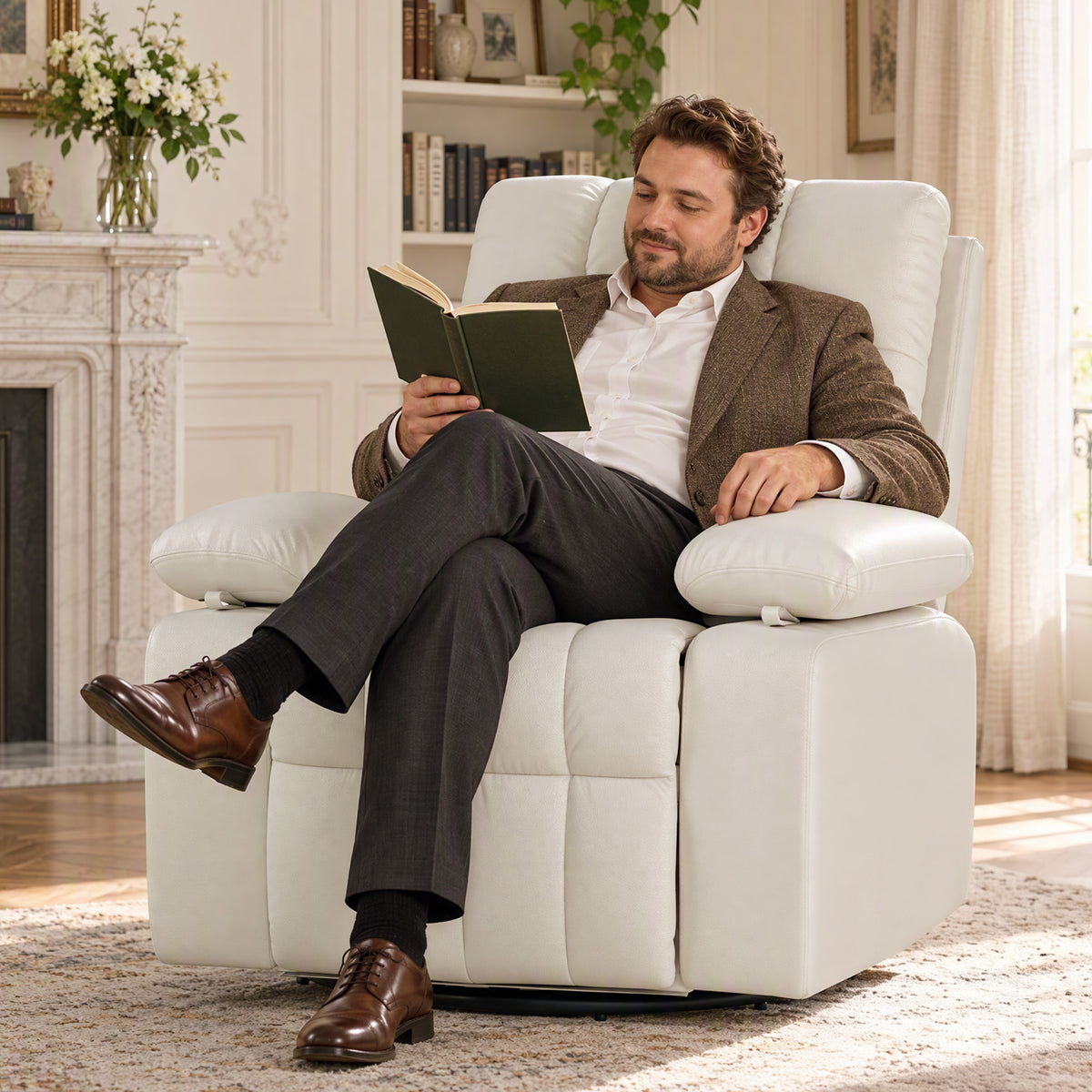 AODAILIHB  Recliner Chair w/Adjustable Armrests for Adults 360° Swivel, 30° Rocker, 135° Recline, Comfy White Leather Nursing Reclining Sofa Chair for Living Room, RV