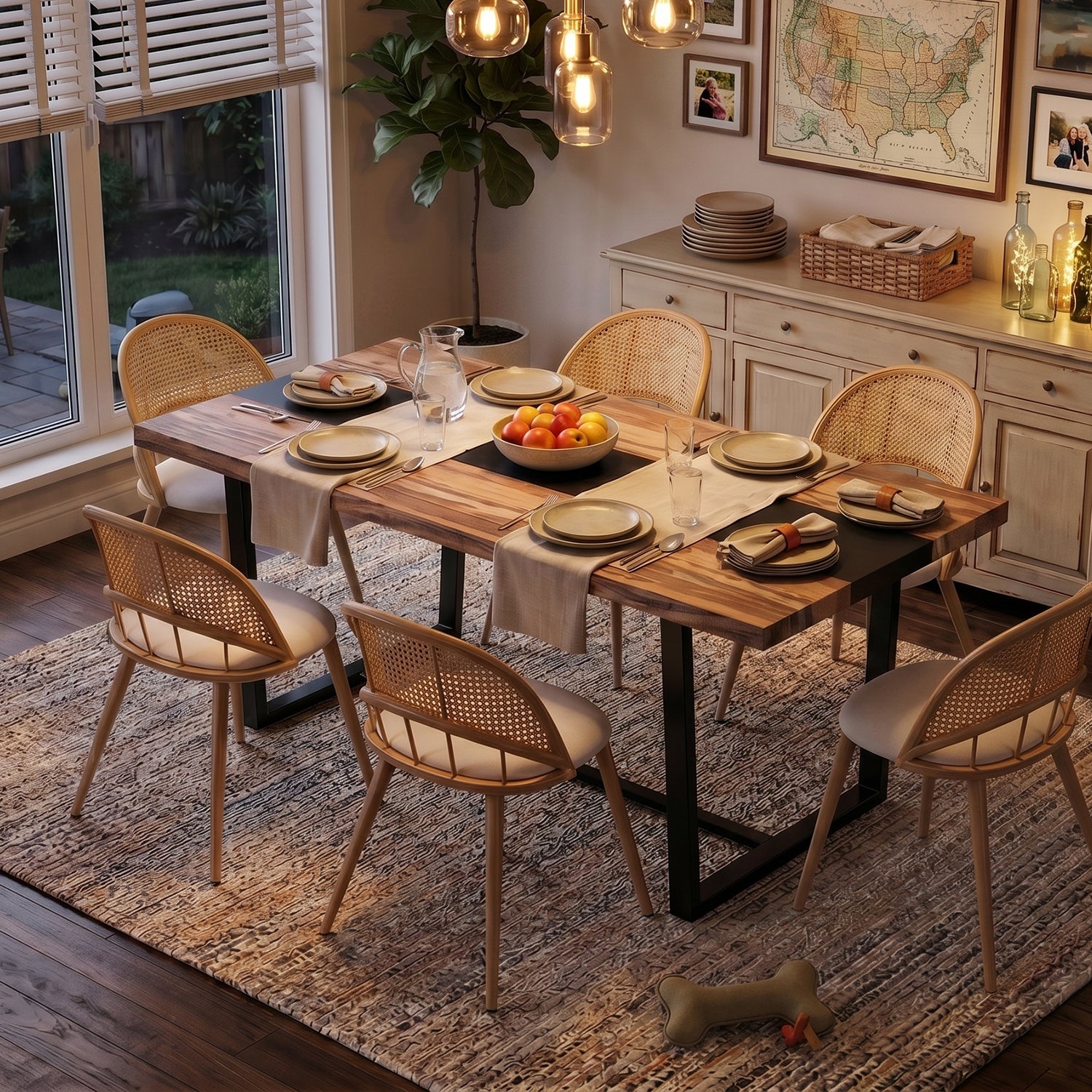 TYBOATLE Farmhouse Dining Table Set for 4, 5 Piece Kitchen Table Set, Wooden Dining Table with 4 Boho Rattan Chairs, MDF Wood Top, Durable Frame, Easy-Clean Surface (Brown-6 Chairs, Metal Leg)