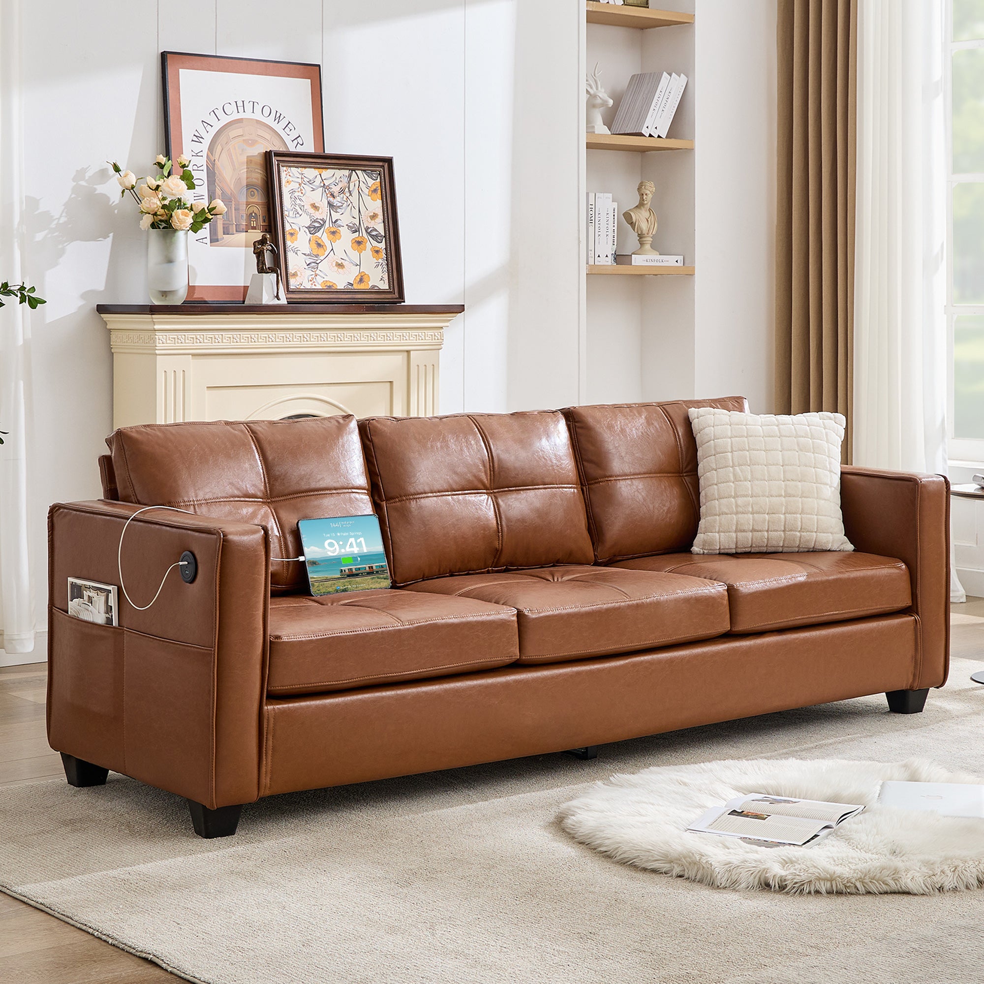 TYBOATLE 88" W Faux Leather Sofa Couches for Living Room, Mid-Century Modern Tufted Comfy 3 Seater Couches w/USB and Wider Arms, 3 Seater Sofa Office Couch for Small Space, Apartment, Bedroom, Brown