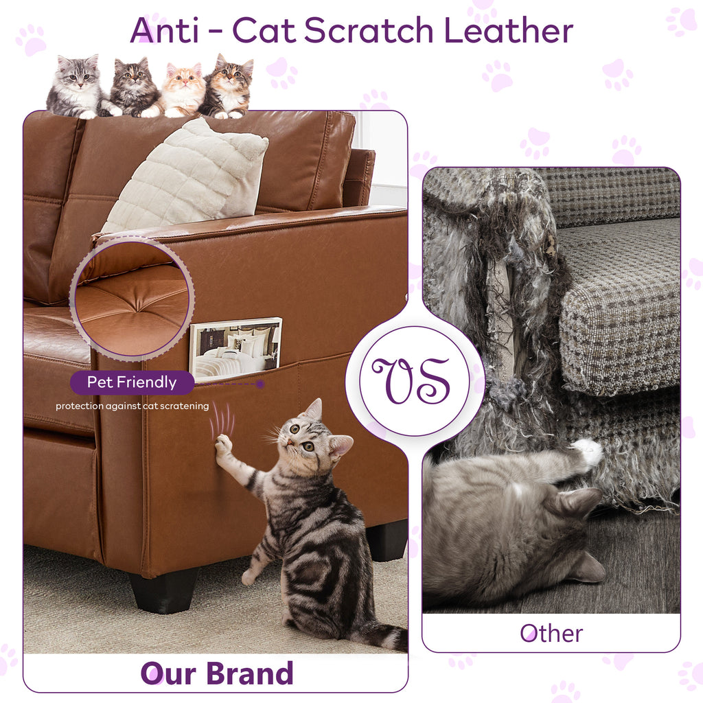 TYBOATLE 88" W Faux Leather Couch w/Side Pockets, Mid-Century Modern Tufted Comfy Leather Couches w/USB and Wider Arms, 3 Seater Sofa for Office, Apartment, Bedroom, Brown (Brown, 3 Seater)