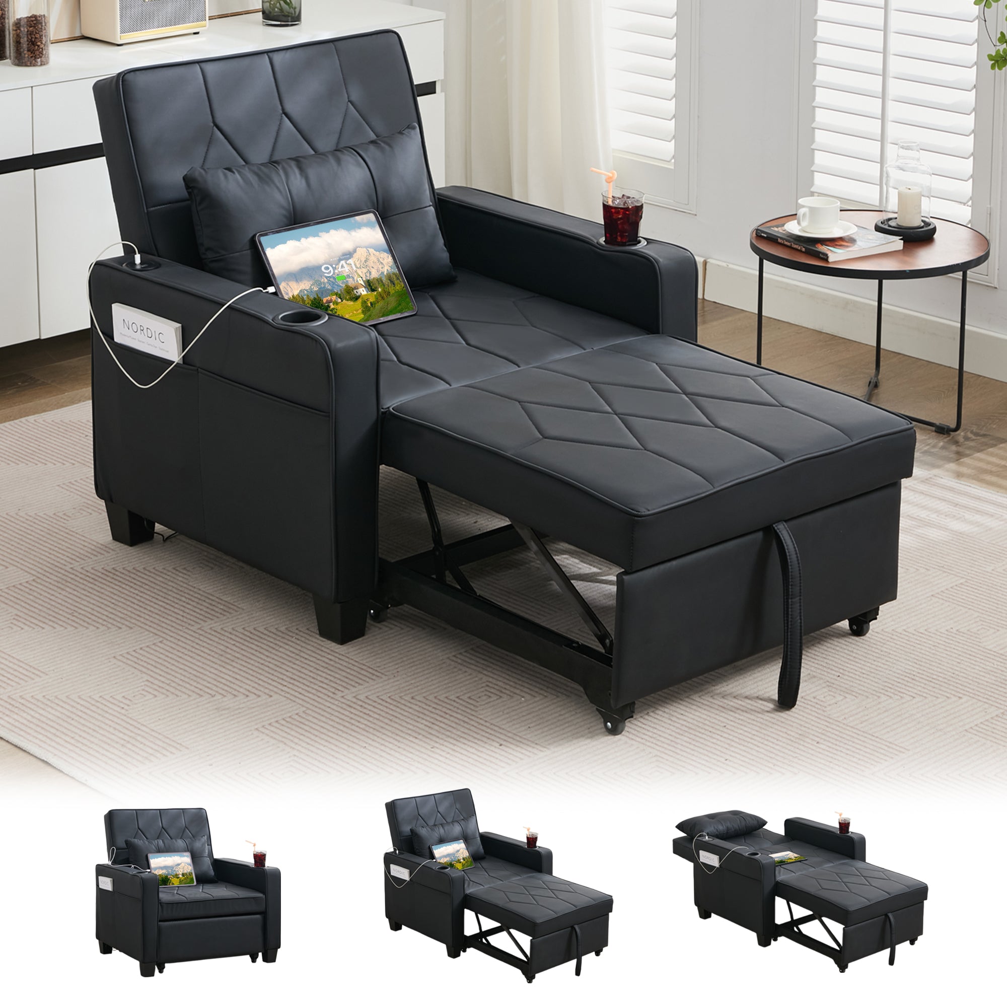 TYBOATLE Convertible Sleeper Chair Bed for Adults, 3-in-1 Pull Out Sofa Chair Bed with USB/Type-C Ports, Cup Holders, Side Pockets, Single Sofa Bed for Living Room, Bedroom, Office (Black Leather)