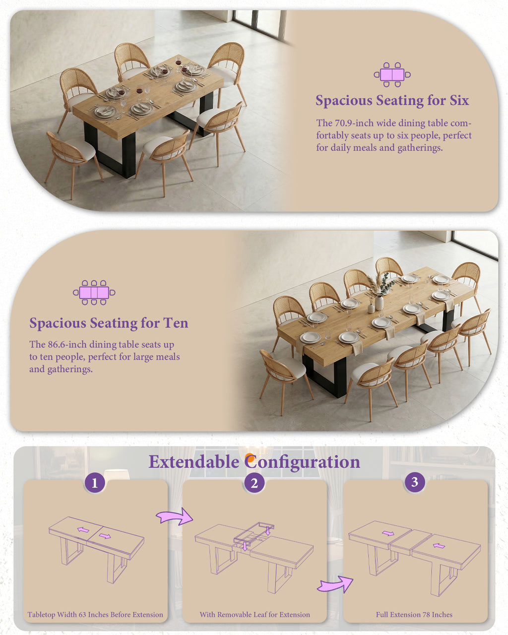 TYBOATLE 63'' - 79'' Extendable Dining Table Set for 4, Farmhouse Wooden Dining Room Table Set, 5 Piece Dinner Table Set with Upholstered Rattan Dining Chairs (Natural & White, 63''-79''- 4 Chairs)