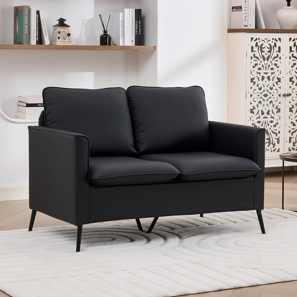 TYBOATLE Faux Leather Loveseat Sofa, Comfy Small Love Seat Mini Couch with 2 Pillows, Mid-Century Modern 2 Seater Couches for Small Spaces, Living Room, Bedroom, Apartment, Office, Dorm (Black, 1)