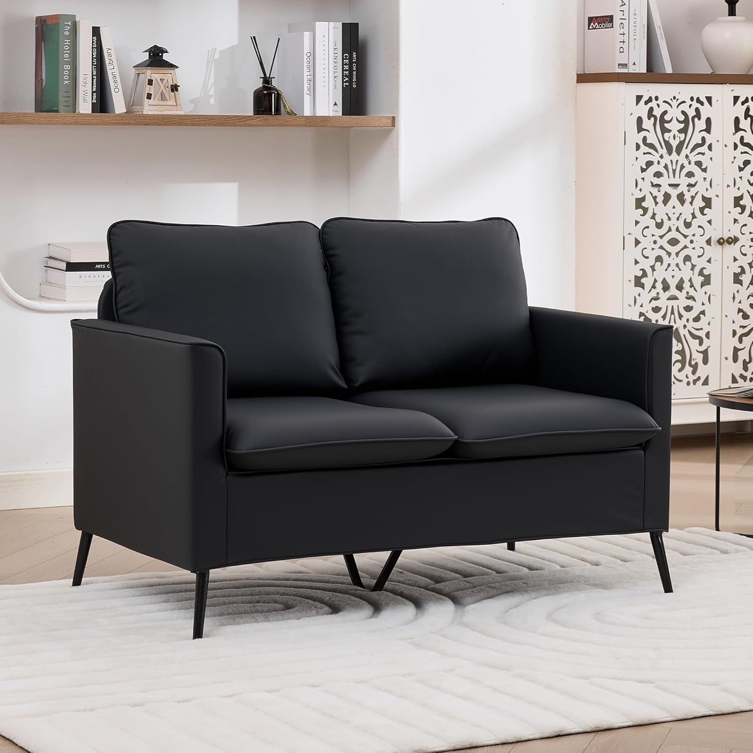 TYBOATLE Faux Leather Loveseat Sofa, Comfy Small Love Seat Mini Couch with 2 Pillows, Mid-Century Modern 2 Seater Couches for Small Spaces, Living Room, Bedroom, Apartment, Office, Dorm (Black, 1)