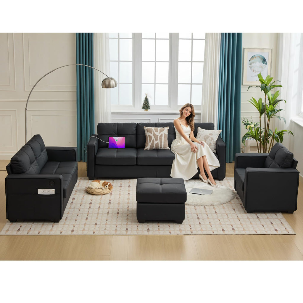 TYBOATLE Black Sofa Couch Sectional Couches for Living Room, Comfy Comfy Faux Leather Modular Convertible Sofas with Ottoman & USB, Home Sofa Set with Chaise for Apartment Small Space (4)
