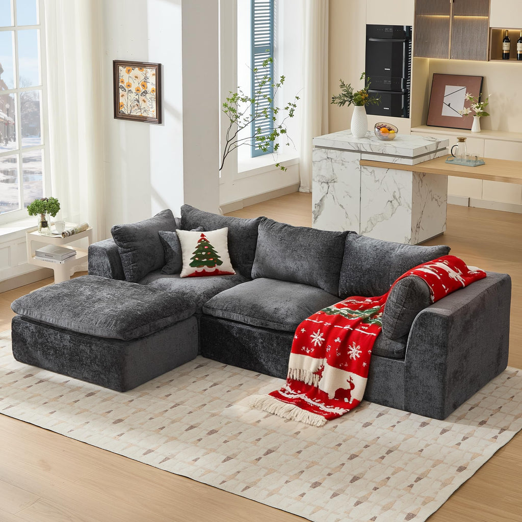 TYBOATLE 114’’ Grey Boneless Couch for Living Room, L Shaped Cloud Sectional Sofa w/Ottoman, Comfy Boneless Modular Couch w/Memory Foam, Grey