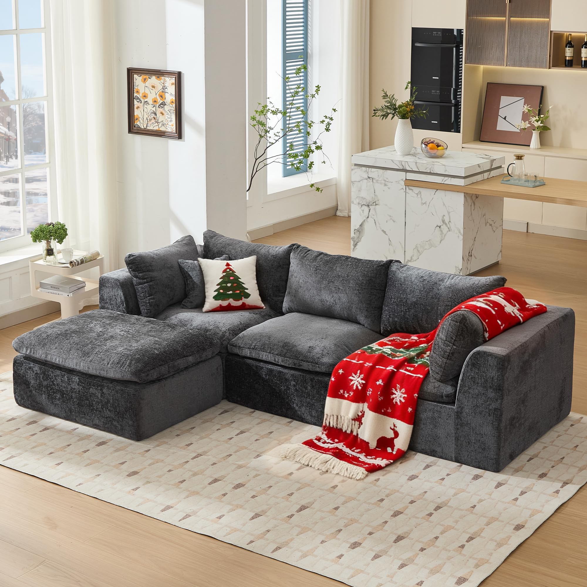 TYBOATLE 114’’ Grey Boneless Couch for Living Room, L Shaped Cloud Sectional Sofa w/Ottoman, Comfy Boneless Modular Couch w/Memory Foam, Grey