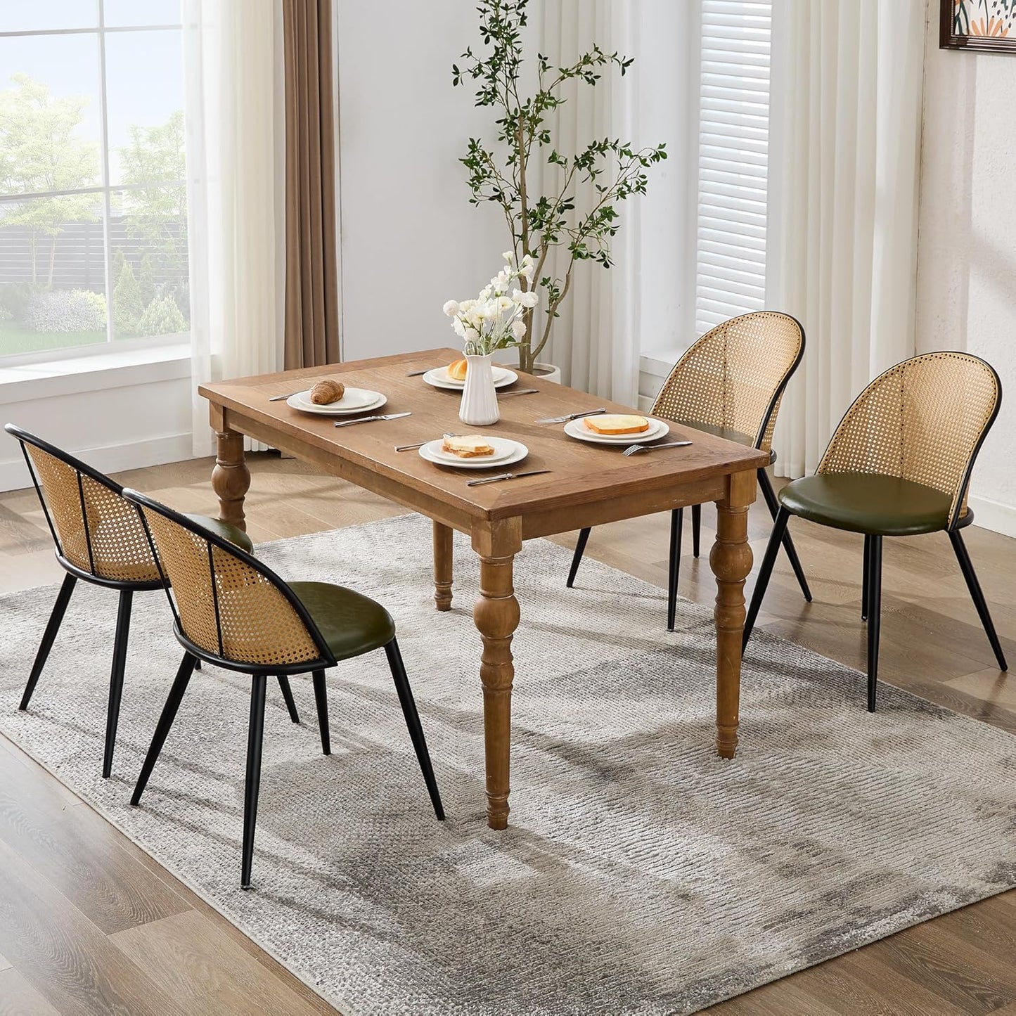 TYBOATLE Rattan Dinner Chairs Set of 4 with Faux Leather Cushion, Modern Dining Room Chairs w/Adjustable Foot Pads, Kitchen Boho Mid Century Upholstered, Green