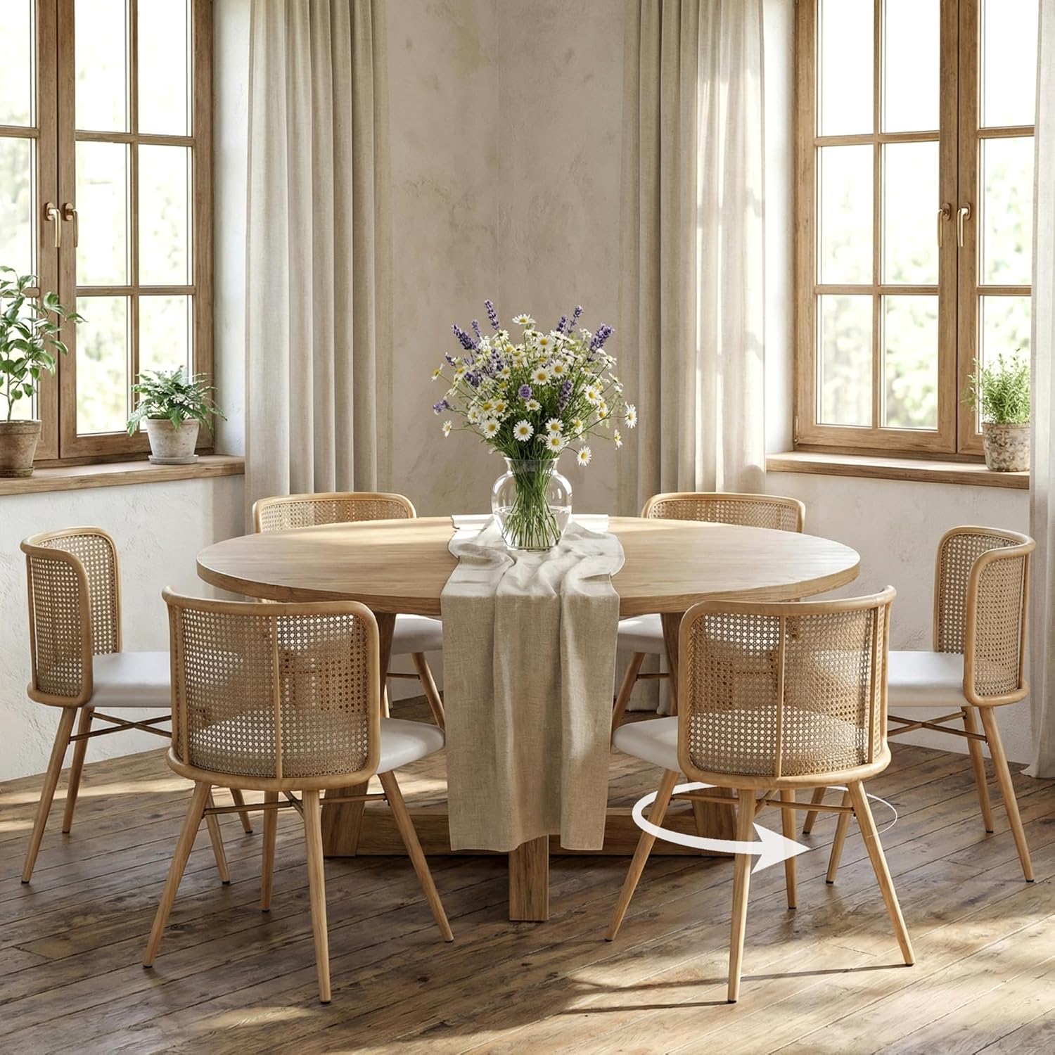 TYBOATLE Swivel Rattan Dining Chiars Set of 6, Farmhouse Boho Dining Room Chair with Rattan Woven Back and Faux Leather Seat, Upholstered Kithchen Chairs for Dining Table