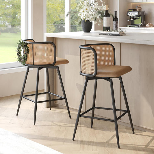 TYBOATLE Swivel Rattan Bar Stools Set of 2, 26” Counter Height Stools with Natural Rattan Woven Back and Faux Leather Seat, Mid-Century Modern Island Chairs Barstools for Kitchen, Brown