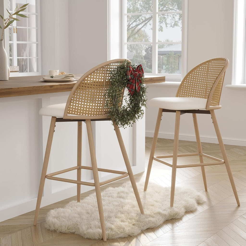 TYBOATLE Bar Stools Set of 2 Rattan Swivel 29" Height Barstools for Kitchen Counter Island Mid Century Modern White Bar Chairs with Metal Legs Woven Stools Upholstered Boho Bar Stool