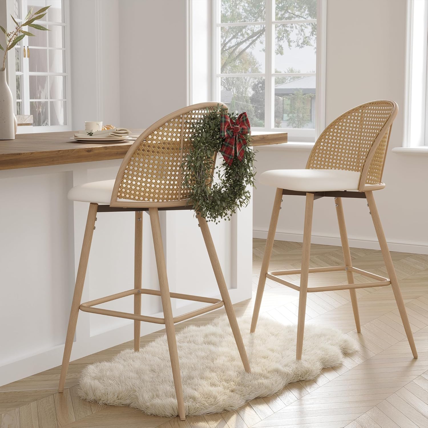 TYBOATLE Bar Stools Set of 2 Rattan Swivel 29" Height Barstools for Kitchen Counter Island Mid Century Modern White Bar Chairs with Metal Legs Woven Stools Upholstered Boho Bar Stool