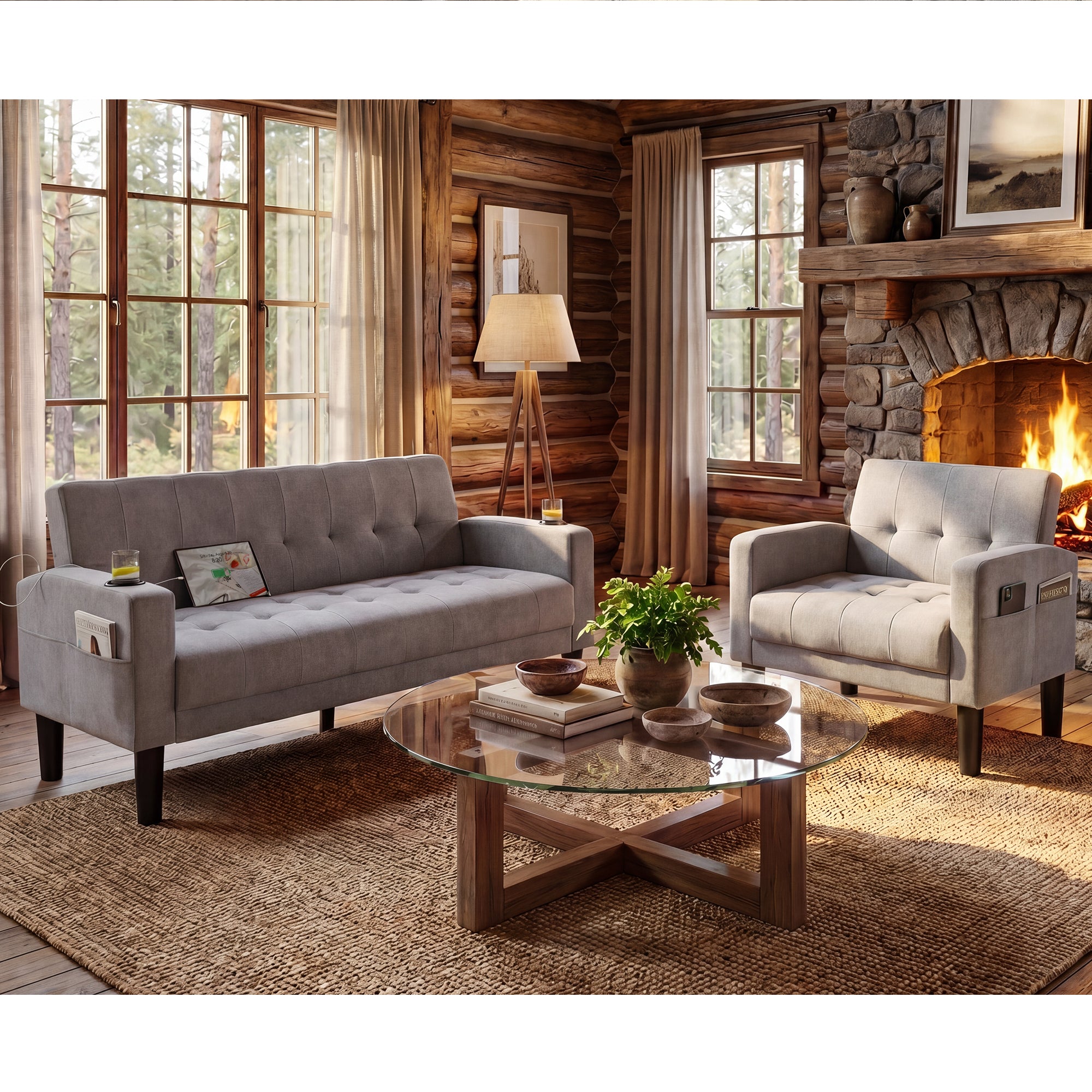 TYBOATLE Sofa Couch 62" W Loveseat w/ 2 USB Charger Ports & 2 Cupholders, Mid-Century Modern Black Leather Tufted Small Love Seat Couches for Office, Compact Living Room, Bedroom (Light Grey, 2+1)