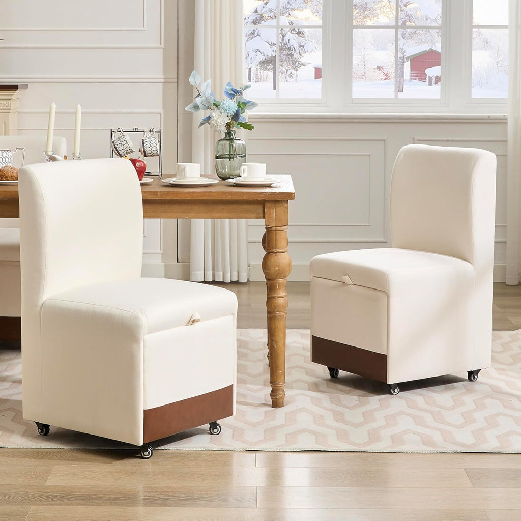 TYBOATLE Upholstered Dining Chairs Set of 2 Swivel Dining Room Chairs Kitchen Chairs w/Casters & Storage Comfy Modern Rolling White Chair for Living Room Fabric Armless Chair (2, Linen)