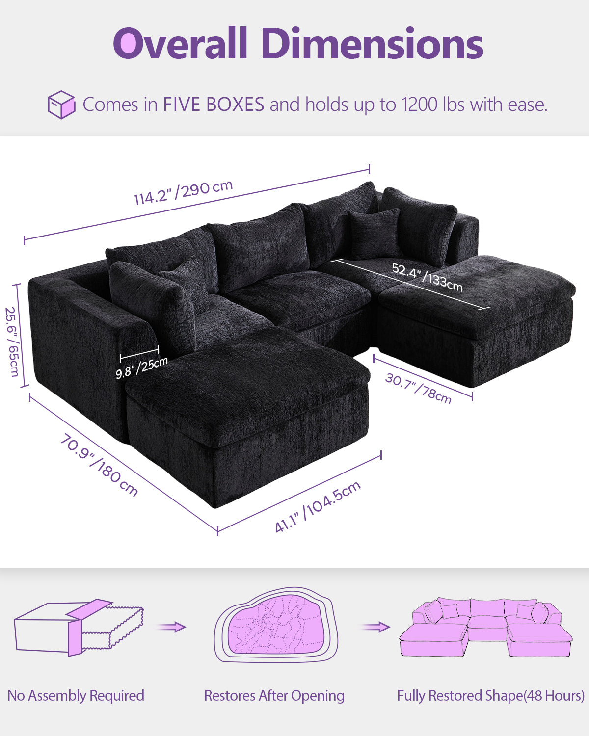 TYBOATLE 114’’ Black Boneless Couch for Living Room, U Shaped Cloud Sectional Sofa w/Ottoman, Comfy Boneless Modular Couch w/Memory Foam