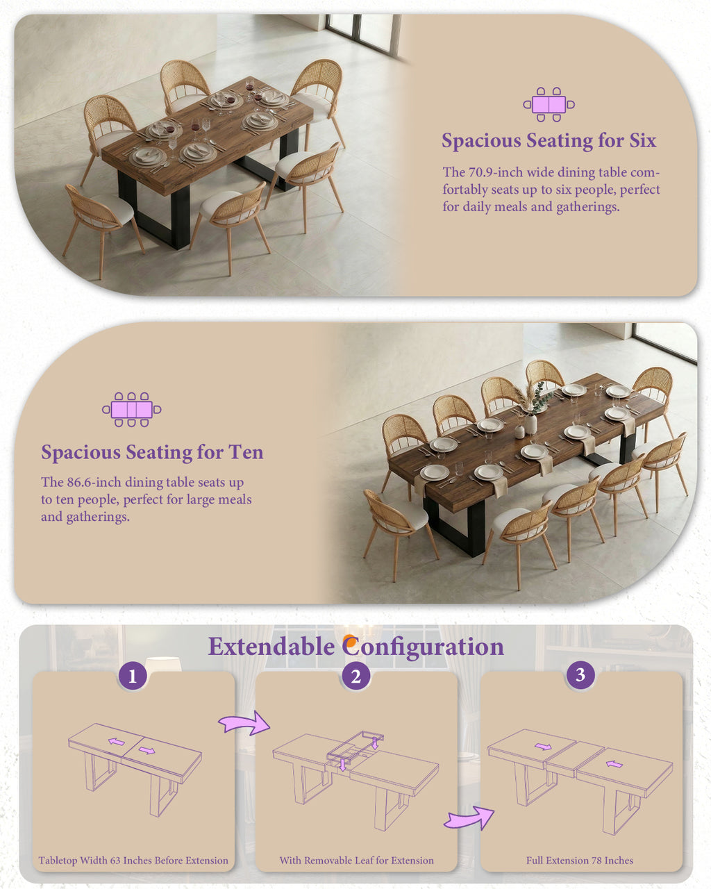 TYBOATLE 63'' - 79'' Extendable Dining Table Set for 4, Farmhouse Wooden Dining Room Table Set, 5 Piece Dinner Table Set with Upholstered Rattan Dining Chairs (Brown & White, 63''-79''- 4 Chairs)