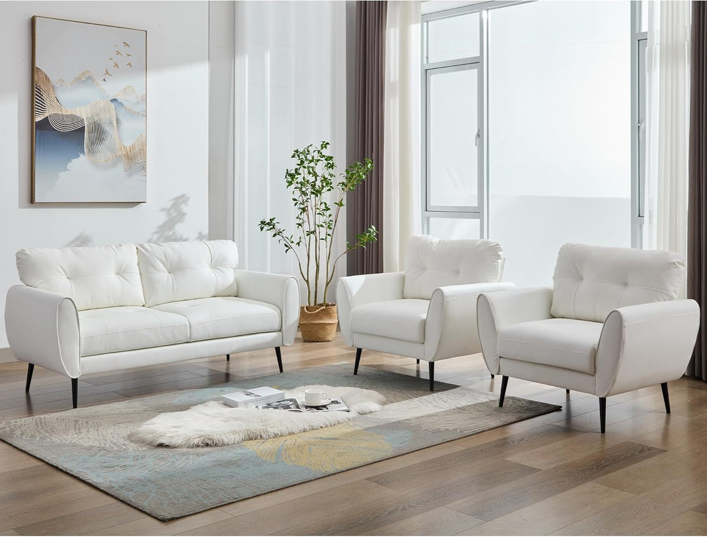 Sofa Couch 61" Small Loveseat Couches for Living Room White Leather Couch Mid Century Modern Tufted Mini Sofa Comfy Office 2 Seat Settee Love Seat Small Couches for Small Spaces Bedroom (3, White)