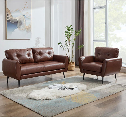 TYBOATLE Sofa Couch 61" Small Loveseat Couches for Living Room White Leather Couch Mid Century Modern Tufted Mini Sofa Comfy Office 2 Seat Settee Love Seat Small Couches for Small Spaces Bedroom (2, Brown)