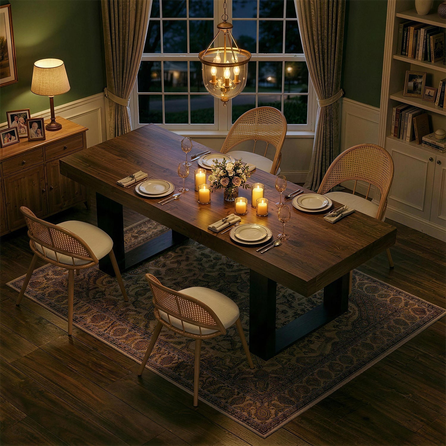 TYBOATLE 71''-87'' Extendable Dining Table Set for 4, Farmhouse Wooden Dining Room Table Set, 5 Piece Dinner Table Set with Upholstered Rattan Dining Chairs (Brown & White, 71''-87''- 4 Chairs)