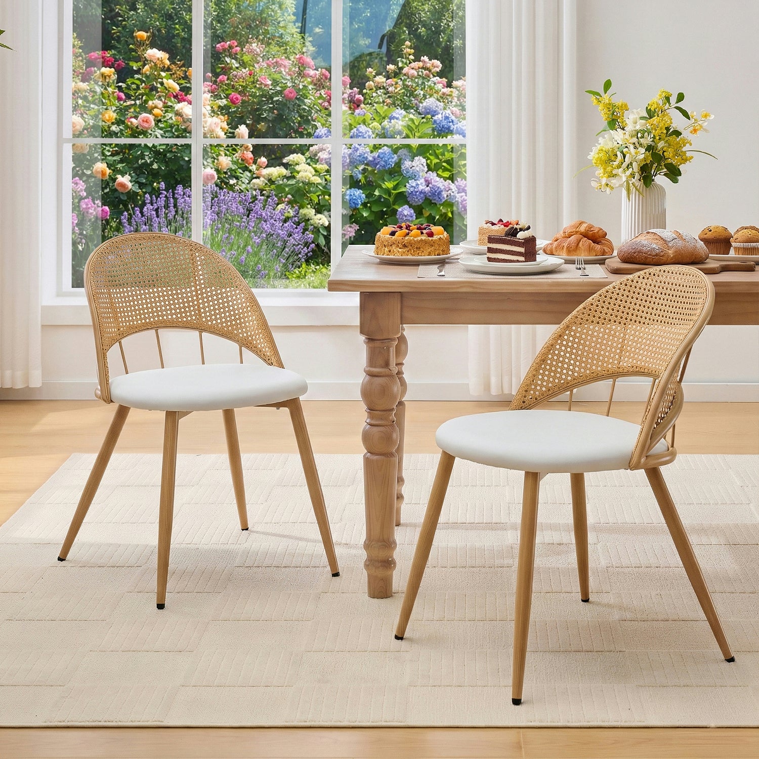 TYBOATLE Rattan Dinner Chairs Set of 2 with Faux Leather Cushion, Modern Dining Room Chairs w/Adjustable Foot Pads, Boho Kitchen Chairs Mid Century Upholstered, White