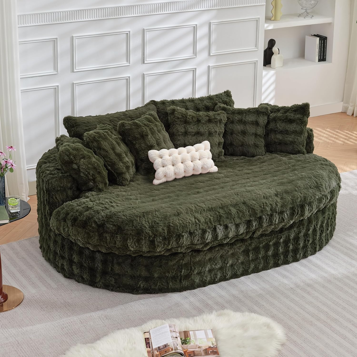 TYBOATLE 83’’ Oversized Round Boneless Couch w/Deep Seat, Round Memory Foam Couch, Comfy Fluffy Plush Bubble Sofa w/Double Cushion, Circle Bed for Livingroom, Bedroom (Green)