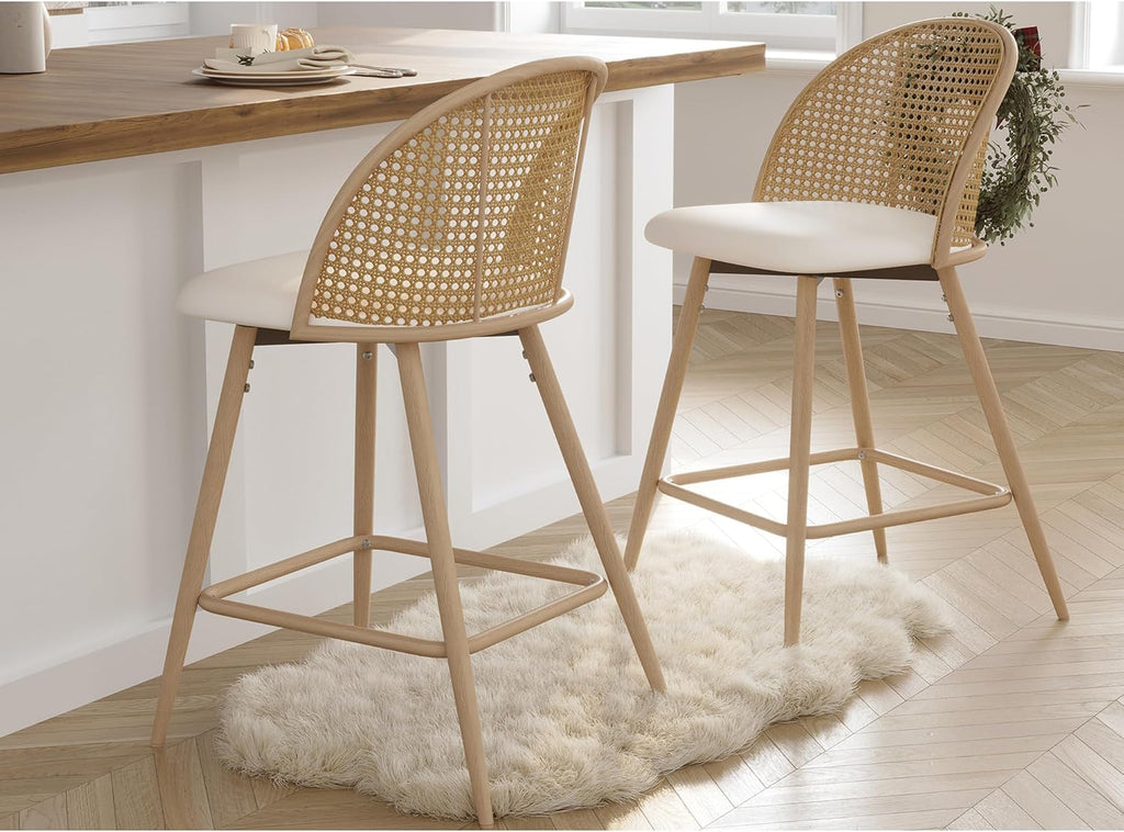 TYBOATLE 26'' BarStools Set of 2 w/Rattan Backrest, Swivel Counter Height Bar stools w/Metal Legs, Modern Mid-Century Boho Bar stools with Faux Leather for Kitchen Island, Dining Room, White