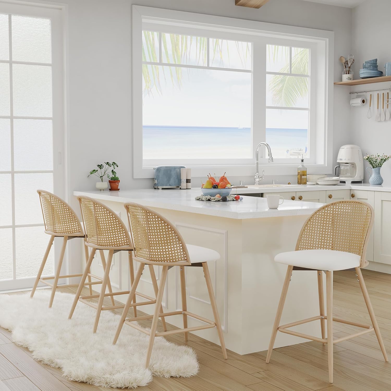 TYBOATLE 26'' BarStools Set of 4 w/Rattan Backrest, Swivel Counter Height Bar stools w/Metal Legs, Modern Mid-Century Boho Bar stools with Faux Leather for Kitchen Island, Dining Room, White