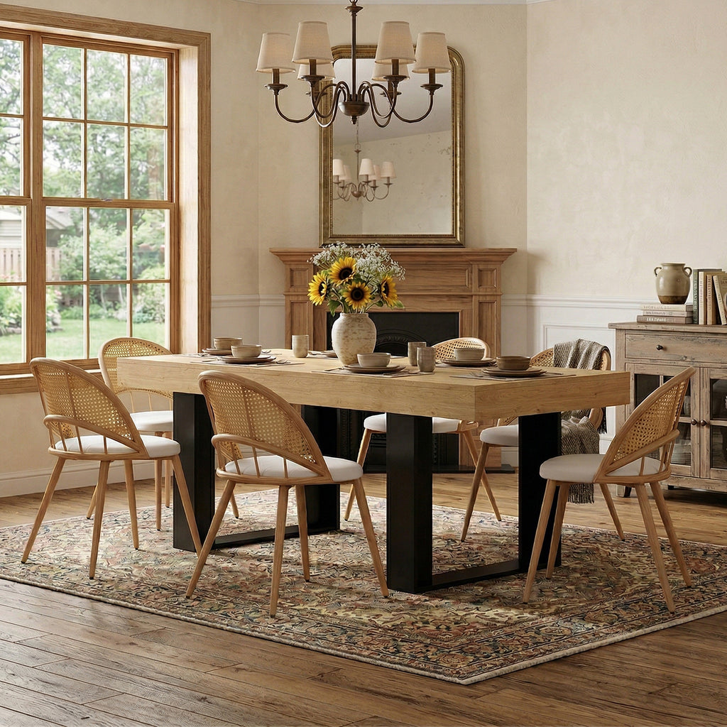TYBOATLE 63'' - 79'' Extendable Dining Table Set for 6, Farmhouse Wooden Dining Room Table Set, 7 Piece Dinner Table Set with Upholstered Rattan Dining Chairs (Natural & White, 63''-79''- 6 Chairs)