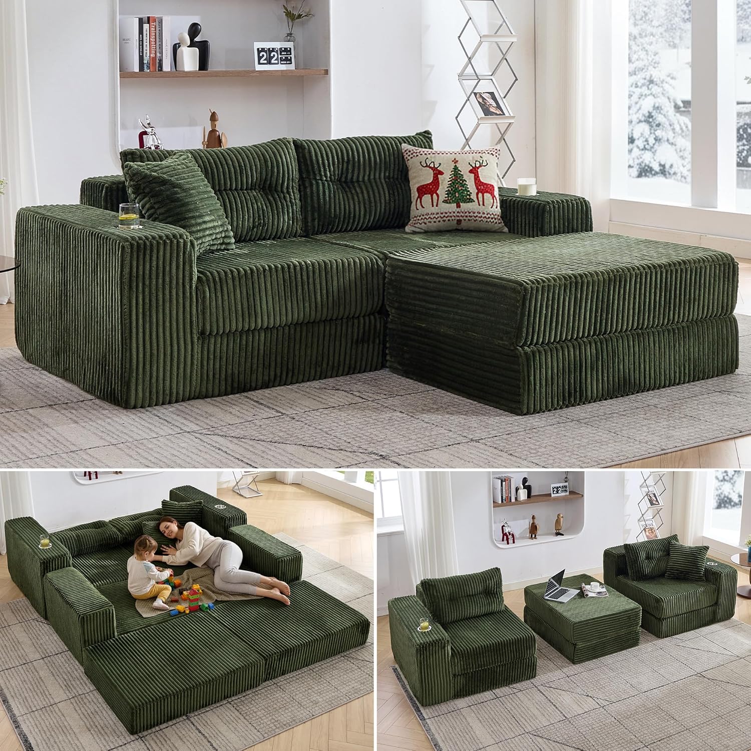 TYBOATLE Modular Cloud Loveseat with Ottoman, Modern Corduroy Boneless Sectional Foam Sofa Couch with Deep Seats, Convertible Sleeper Sofa Bed for Living Room, No Assembly (Forest Green, 2 Seat)