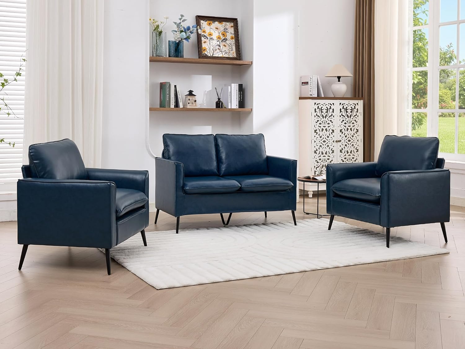TYBOATLE Faux Leather Loveseat Sofa and Accent Chair Set of 2, Comfy Love Seat Couch and Chair Set, Mid-Century Modern 2 Seat Couches for Small Spaces, 3 Pieces Living Room Furniture Sets (Blue, 3)