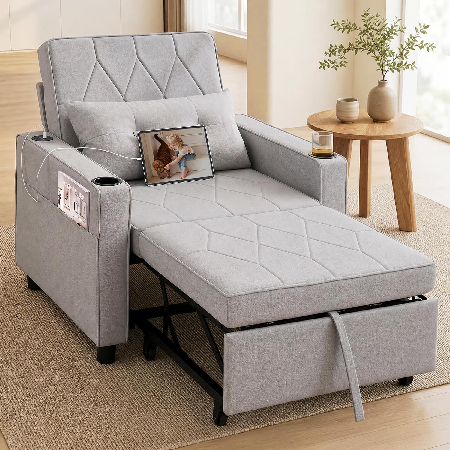 TYBOATLE Sleeper Chair for Adults, Convertible Pull Out Sofa Bed with Charging, Grey | Cup Holders, Side Pockets, Living Room, Bedroom, Small Space