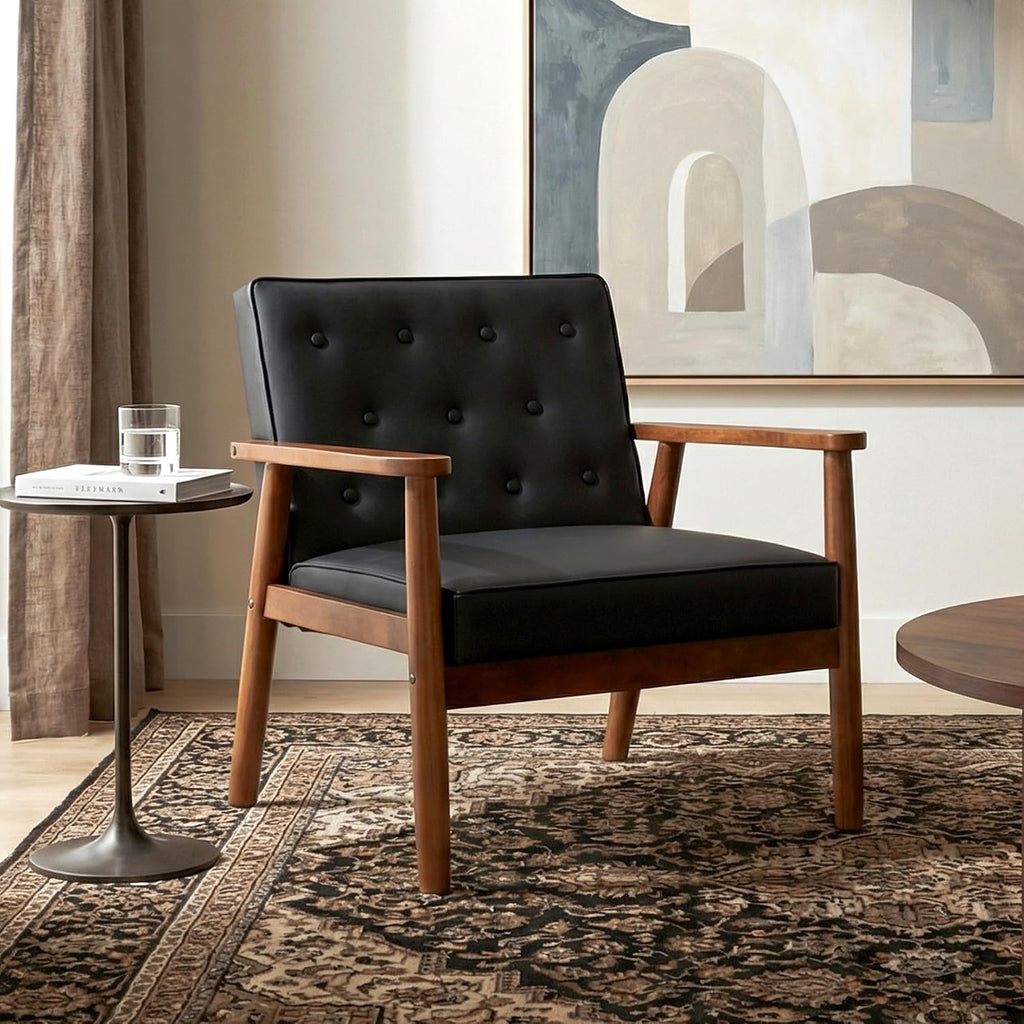 JIASTING Black Accent Chair, Faux Leather Chair with Solid Wood Armrest