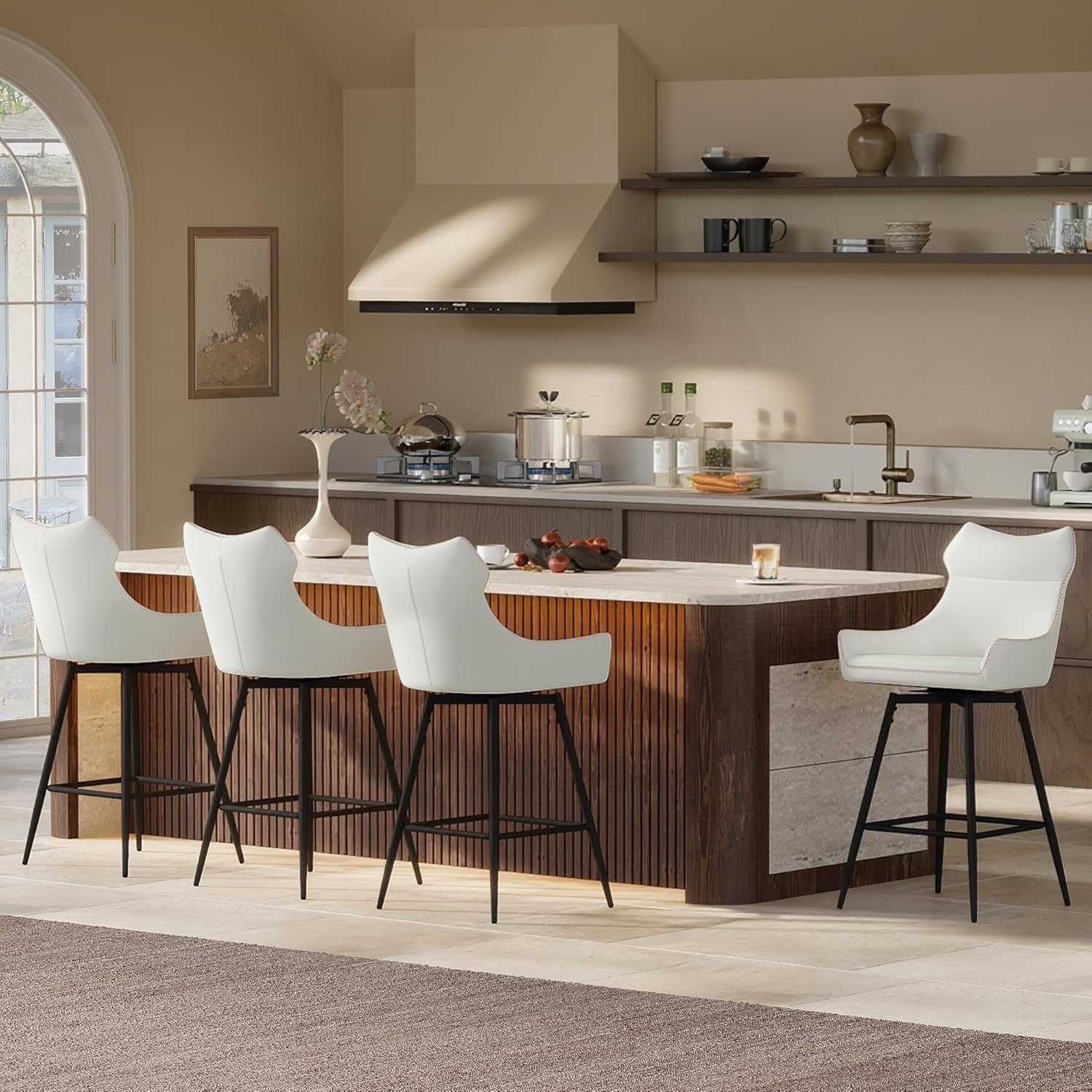 TYBOATLE 26” Leather Swivel Bar Stools Set of 4, Counter Height Bar Stools with Metal Legs, Height-Adjustable Upholstered Faux Leather Barstools for Kitchen Counter, White