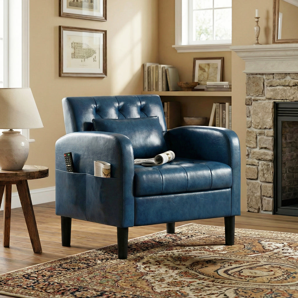 TYBOATLE Leather Chairs w/Storage, Comfy Modern Living Room Chairs, Accent Chair for Reading, Armchair for Bedroom, Waiting Room, Office (1, Blue)