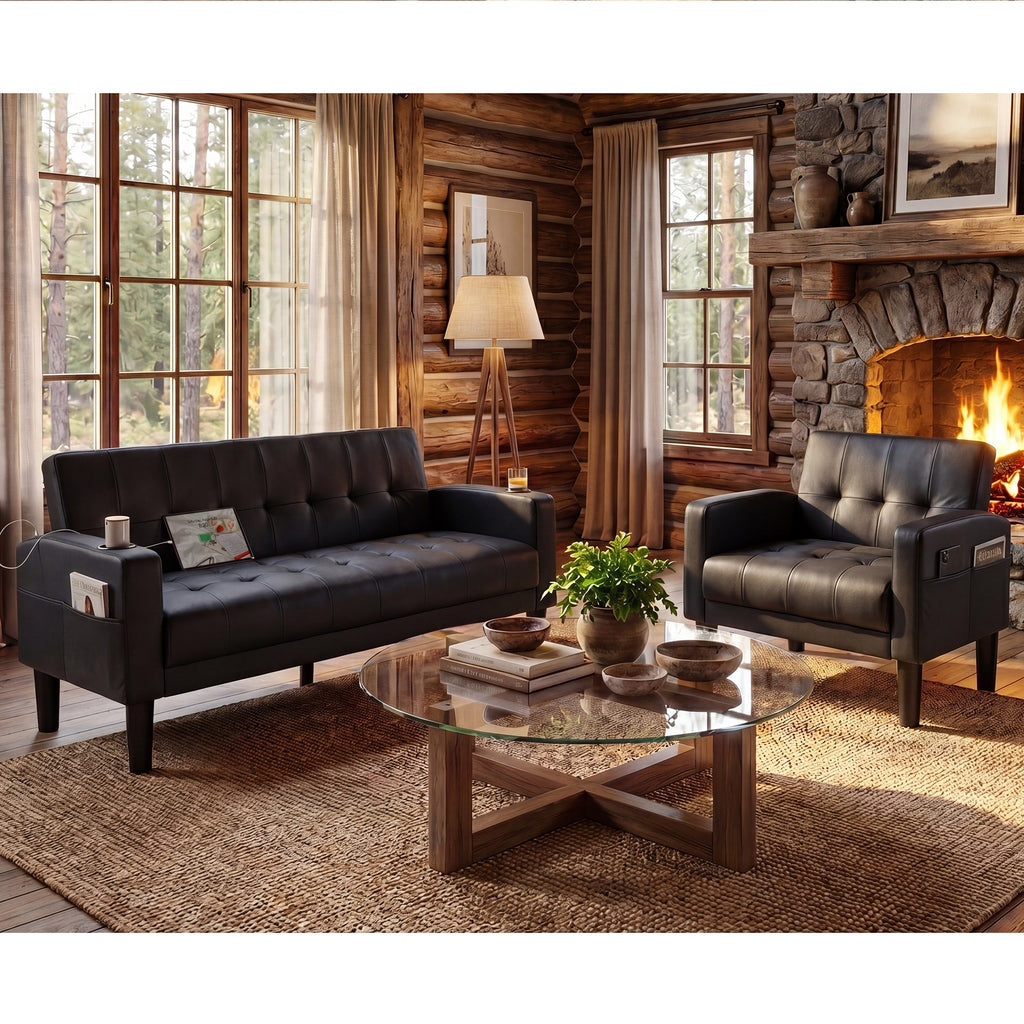TYBOATLE Leather Couch and Chair Set, Living Room Furniture Set with USB & Type-C Ports, Black Loveseat Sofa and Matching Chair with Cup Holders, Modern Sofa Set for Apartment, Bedroom, Office