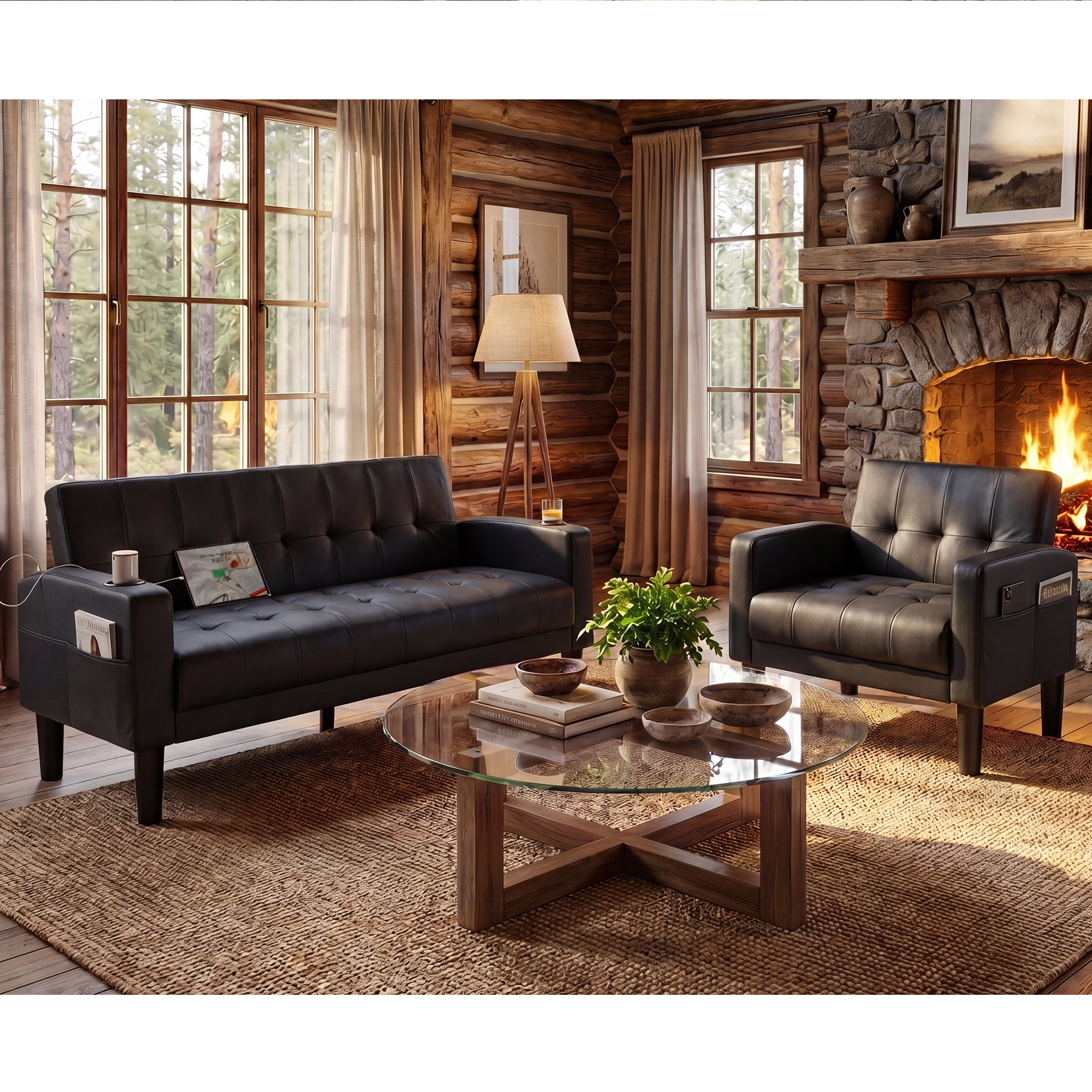 TYBOATLE Leather Couch and Chair Set, Living Room Furniture Set with USB & Type-C Ports, Black Loveseat Sofa and Matching Chair with Cup Holders, Modern Sofa Set for Apartment, Bedroom, Office